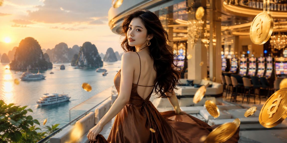 Người dùng tại Hạ Long ngồi bên cửa sổ nhìn ra vịnh, dùng laptop theo dõi bàn casino trực tuyến buổi sáng
