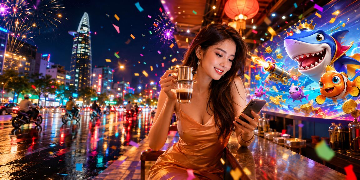 Người dùng tại TP. Hồ Chí Minh thư giãn với cà phê trong khi chơi game bắn cá trực tuyến trên điện thoại