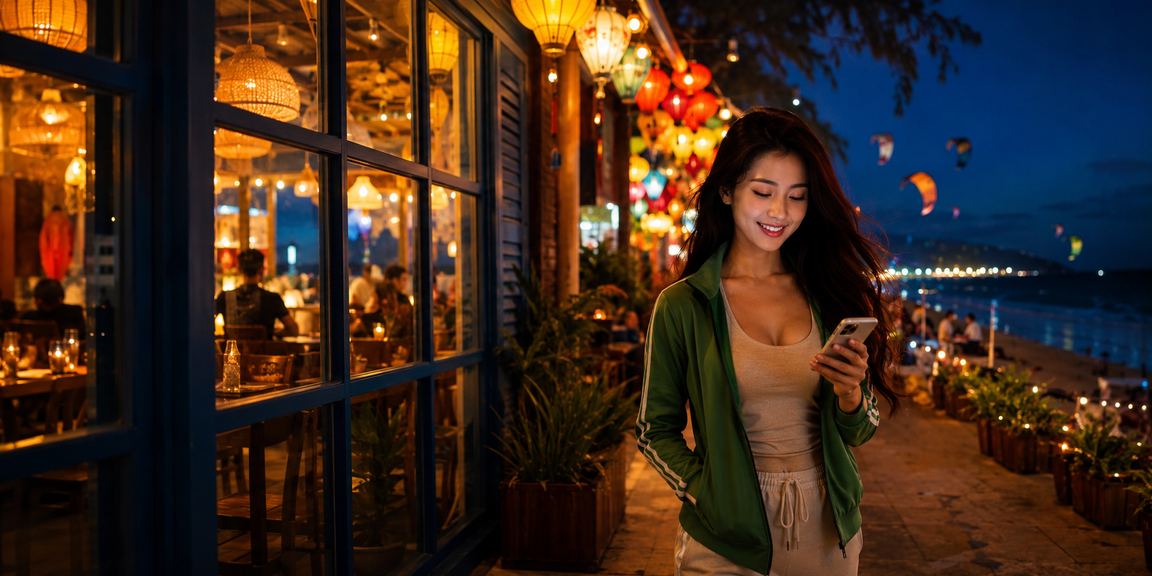 Người dùng tại Mũi Né thực hiện giao dịch nạp tiền qua điện thoại trong không gian cà phê ven biển